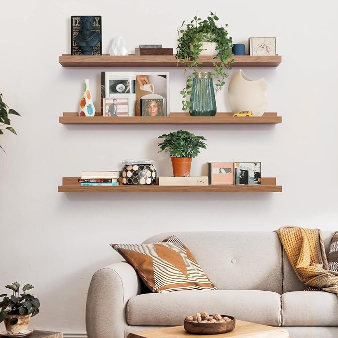 Sheesham Wood Floating Shelves, Wall Shelves Set of 3, Picture Shelf Photo Ledge Shelves for Bathroom Kitchen and Bedroom,Livingroom (35 inch, Natural)